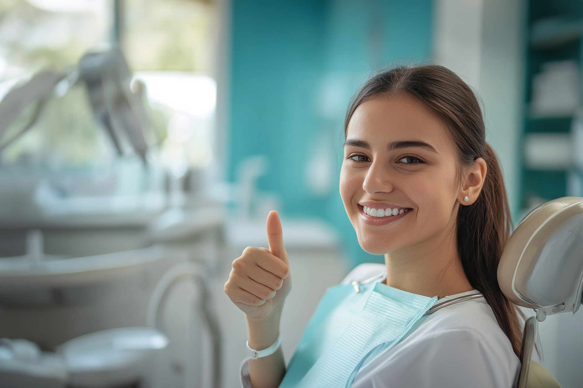 The image shows a woman in a dental office, smiling and giving a thumbs-up gesture with one hand while wearing a white lab coat. She is seated in a dental chair, and the environment suggests she is either preparing for a dental appointment or has just finished one.