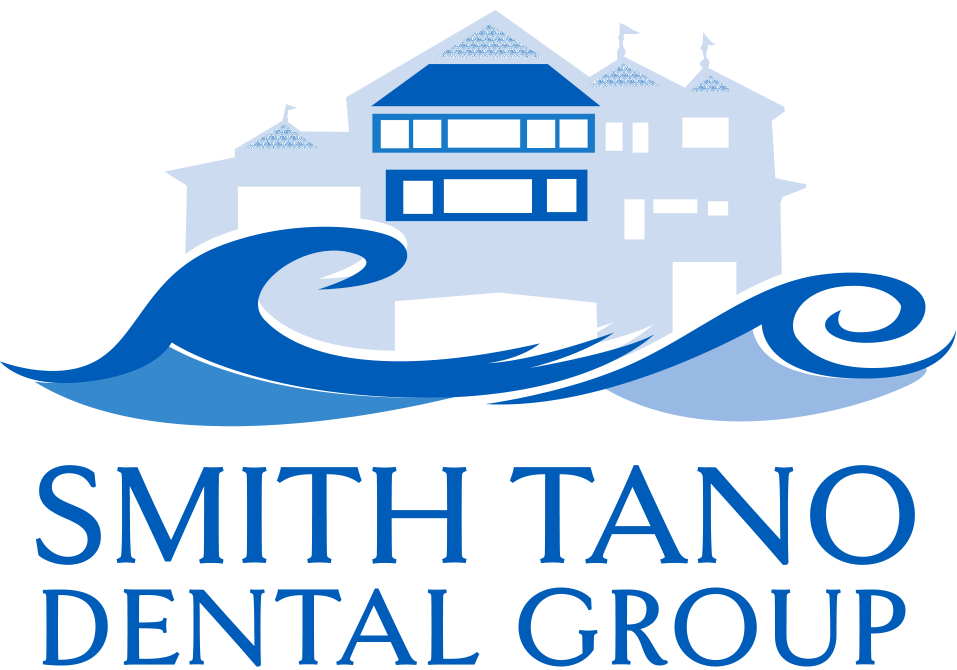 The image is a logo with text and graphic elements. It features a stylized depiction of a building, possibly a dental clinic, with a wave design above it. The text includes the name  Smith Tano Dental Group  and a tagline or slogan that reads  SMILE.